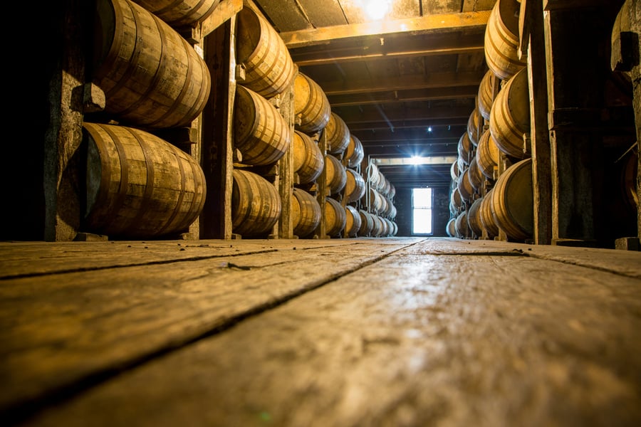 barrels of bourbon in cellar