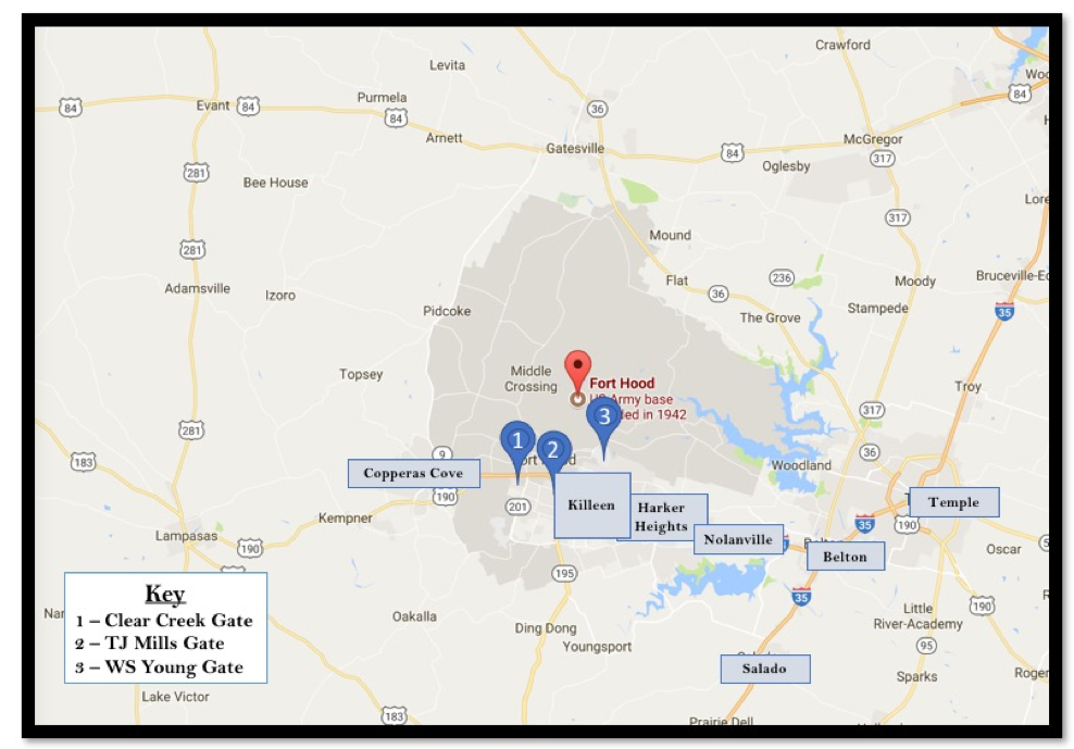 Fort Hood overview map of nearby towns and base access gates