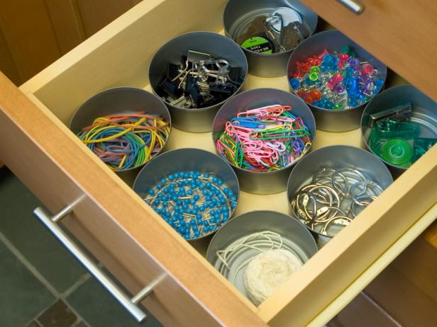 Repurpose everyday items to sort the contents of your desk drawers.