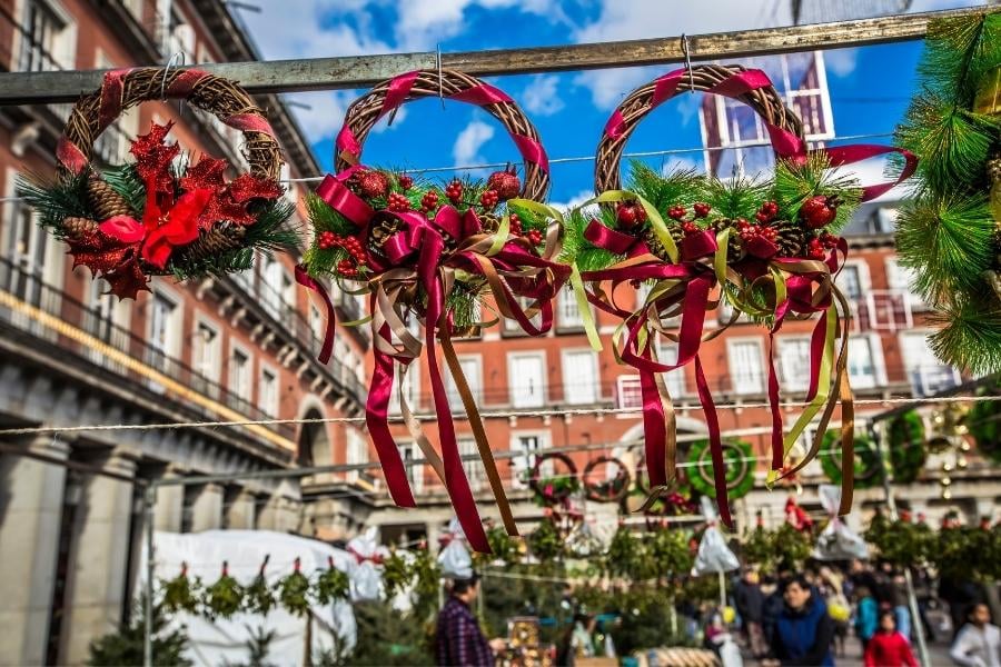 Christmas wreaths in marketplace