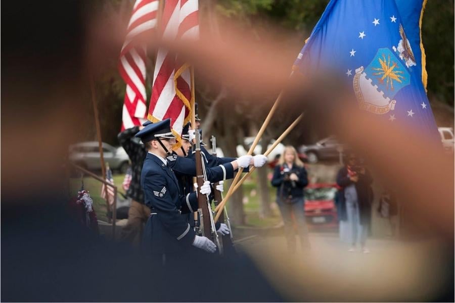 Air Force honor guard with flags