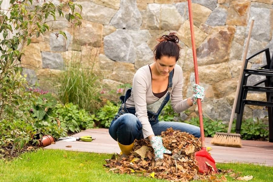 woman raking leaves