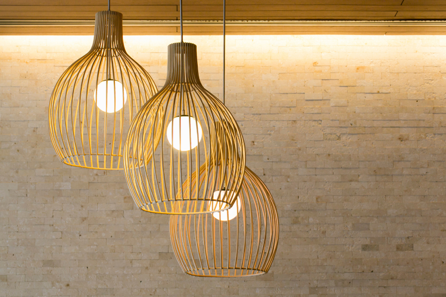 bamboo lights hanging from ceiling