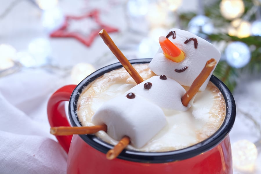 marshmallow snowman in cup of cocoa 