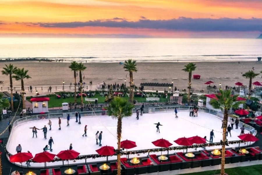 people ice skating on a rink at the beach at Hotel del Coronado in San Diego