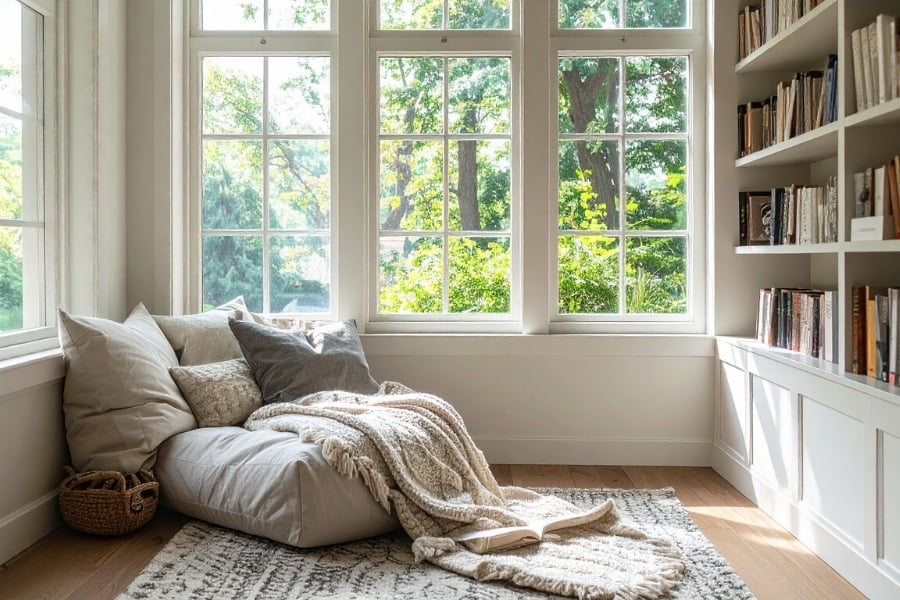 Reading nook with tall window with view to green landscaping, built-in bookshelves filled with books, and a tan pillow lounger, blanket, and plush rug in the corner. 