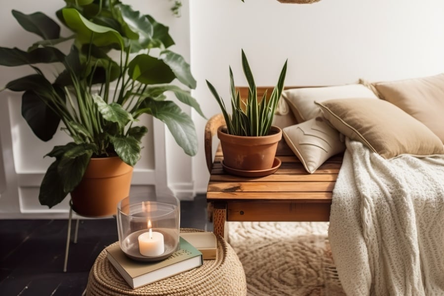 Living room interior with lit candle and house plants.