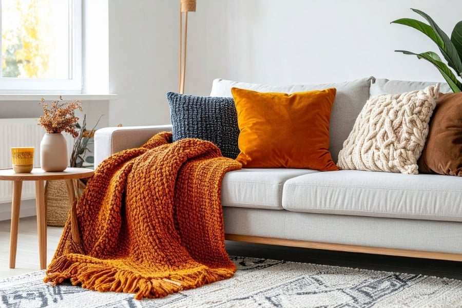 cozy living room with beige sofa and colorful throw pillows next to window in a brightly natural lit room