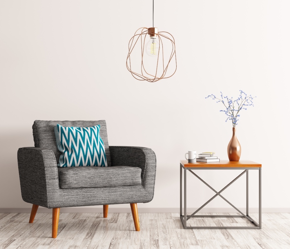 gray wood flooring with chair and side table