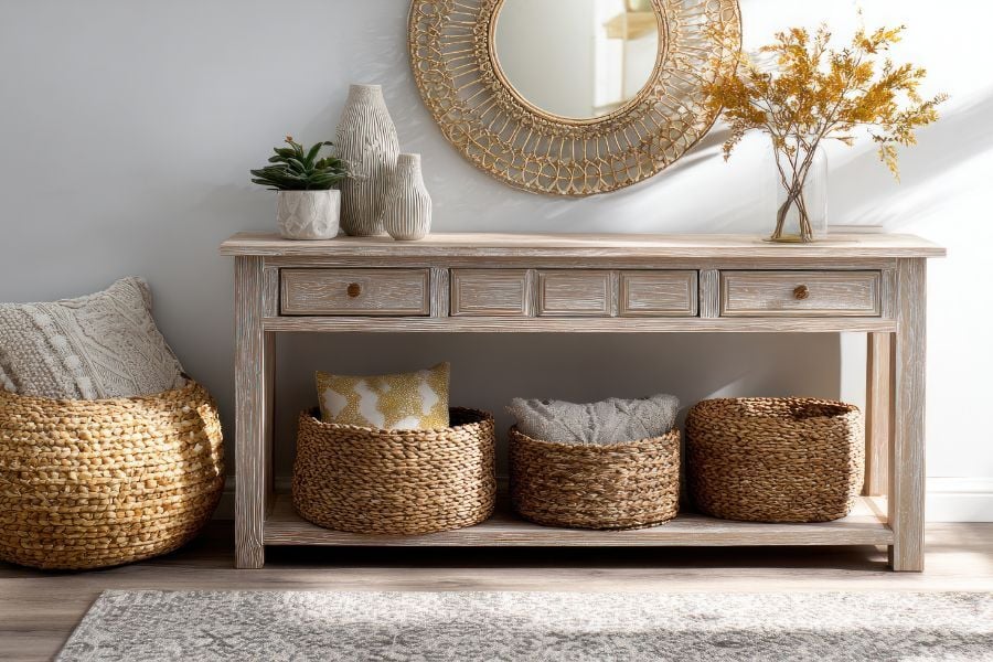 Narrow white-washed table with three woven baskets underneath and one to the side with pillows in it and a mirror and fall decor above.