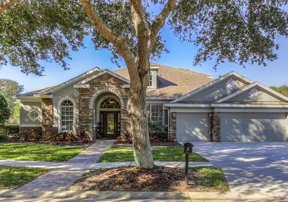 beautiful home exterior with trees, sidewalk in Lithia neighborhood in Tampa