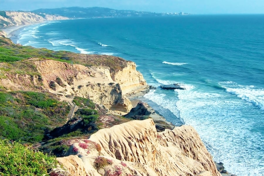 View of Torrey Pines Natural Reserve in San Diego, CA large cliffs overlooking ocean and white water below. 