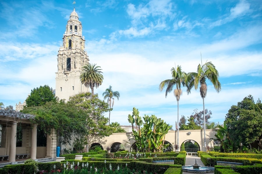 Photo of Balboa Park including Bell Tower and Garden with bright green landscaping and trees