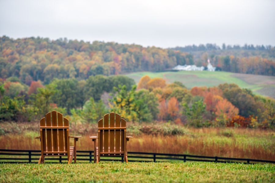 Wooden adirondack chairs facing rolling hills and winery in Charlottesville, NC among the Blue Ridge Mountains. 