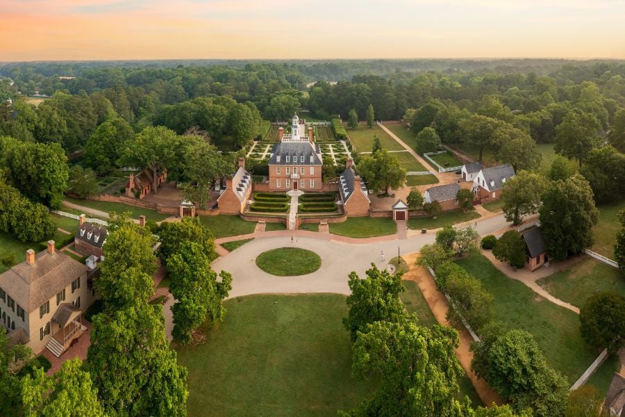 Aerial view of the Governor's Palace in Williamsburg, VA