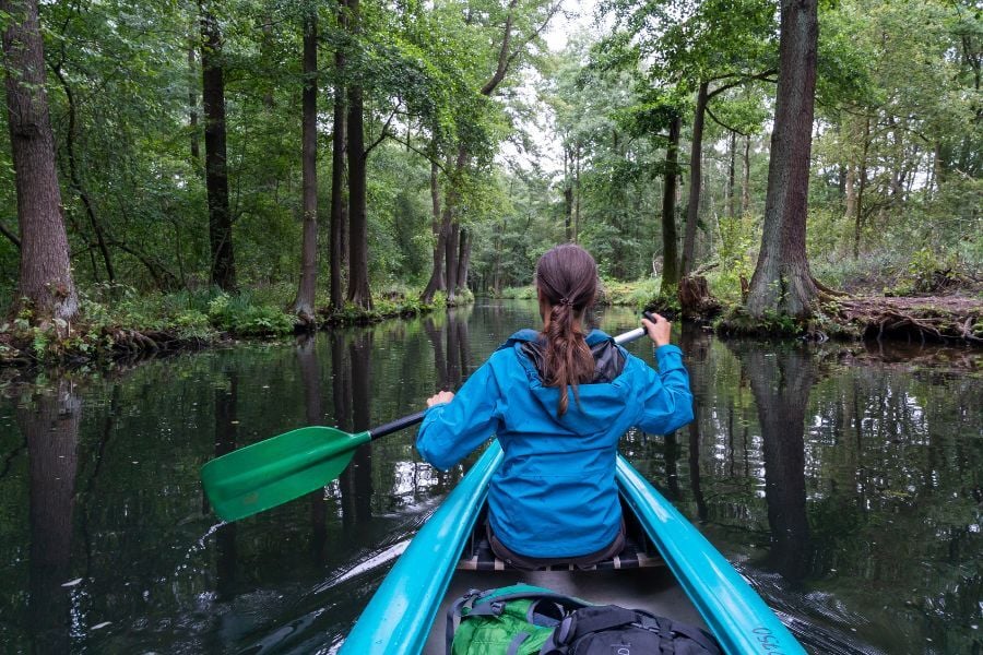 Woman in blue wind breaker paddles in blue kayak through swampy, tree-lined river.