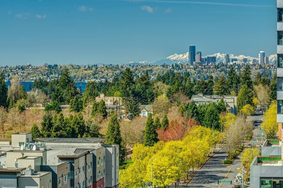 View of Seattle and Bellevue neighborhood with skyline. 