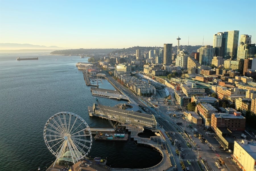 Photo of Seattle skyline with ferris wheel and the Space Needle