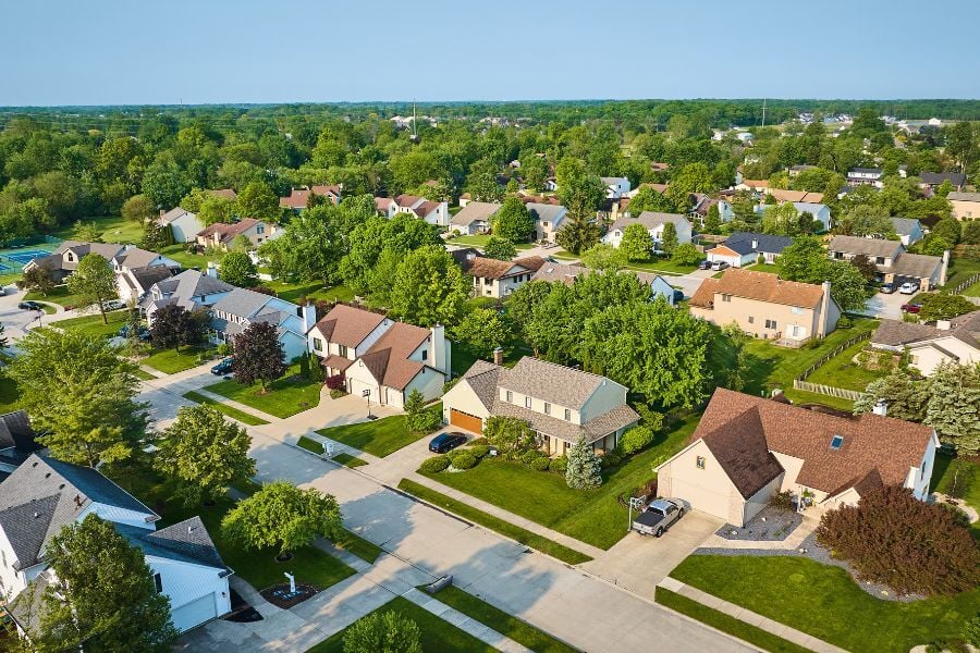 Aerial view of neighborhood with lush, green trees and second story homes. 
