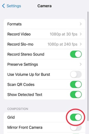 screenshot of iphone camera settings