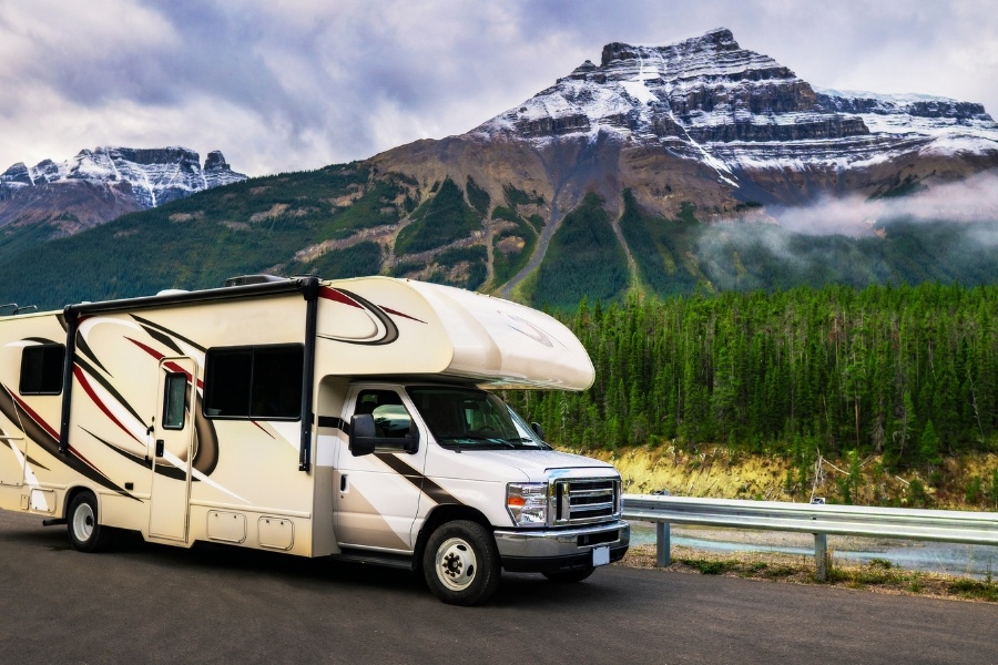 RV with mountains in background