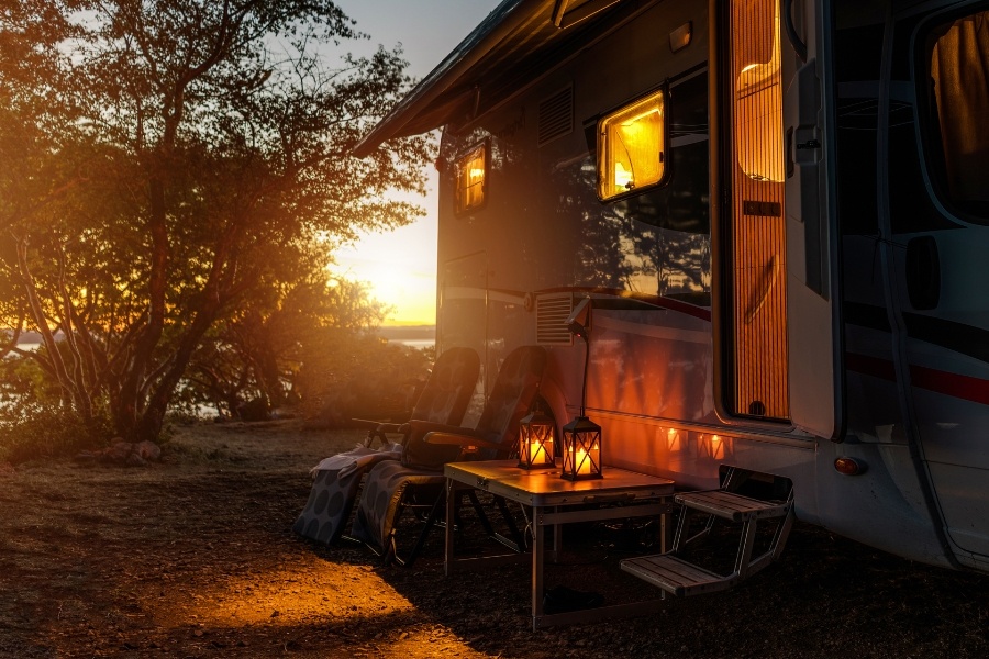 outside RV at sunset