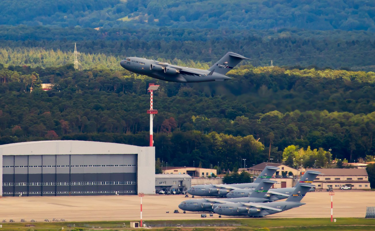 Ramstein Air Base - The military airfield of the United States Air Force and the headquarters of the United States Air Forces in Europe, photographed from Nanstein Castle