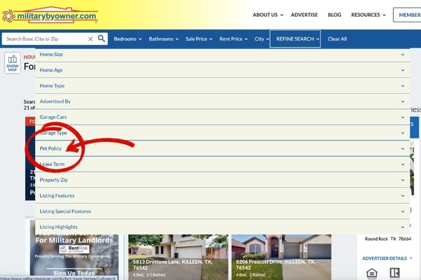 Using the Pet Policy search filter when searching for houses for rent on MilitaryByOwner