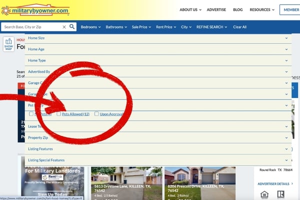 Selecting the Pet Policy when searching for houses for rent on the MilitaryByOwner