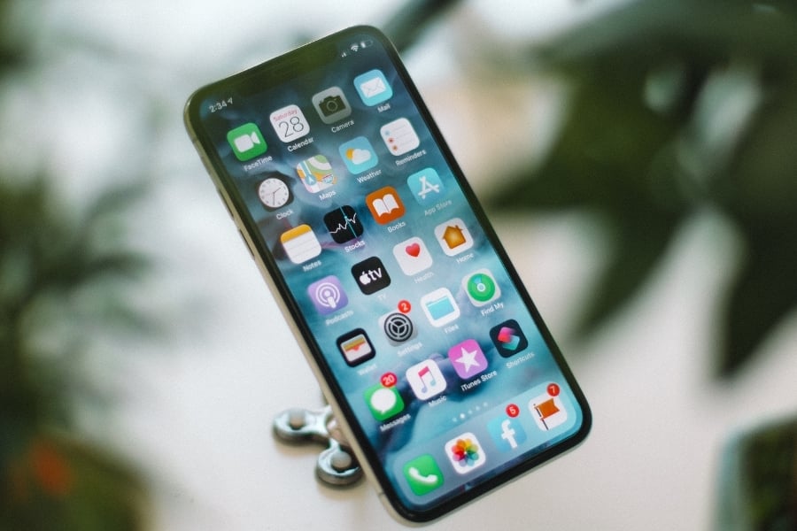 Photo of iPhone screen with social media apps and red notification icons. The phone is surrounded by out-of-focus greenery. 