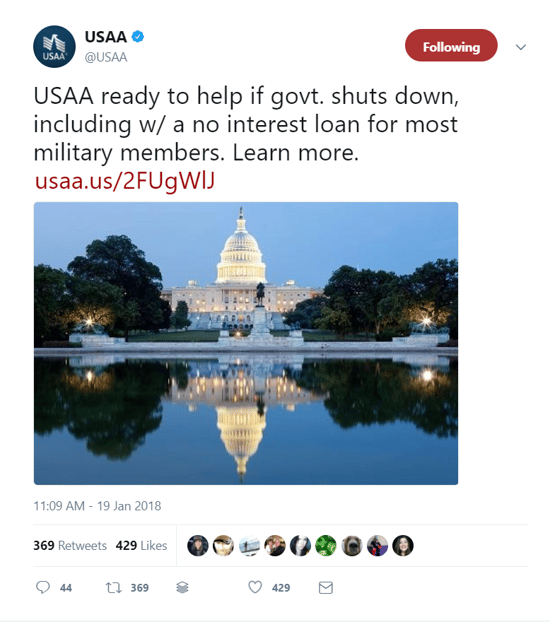 USAA tweet offering help for military families during the government shutdown