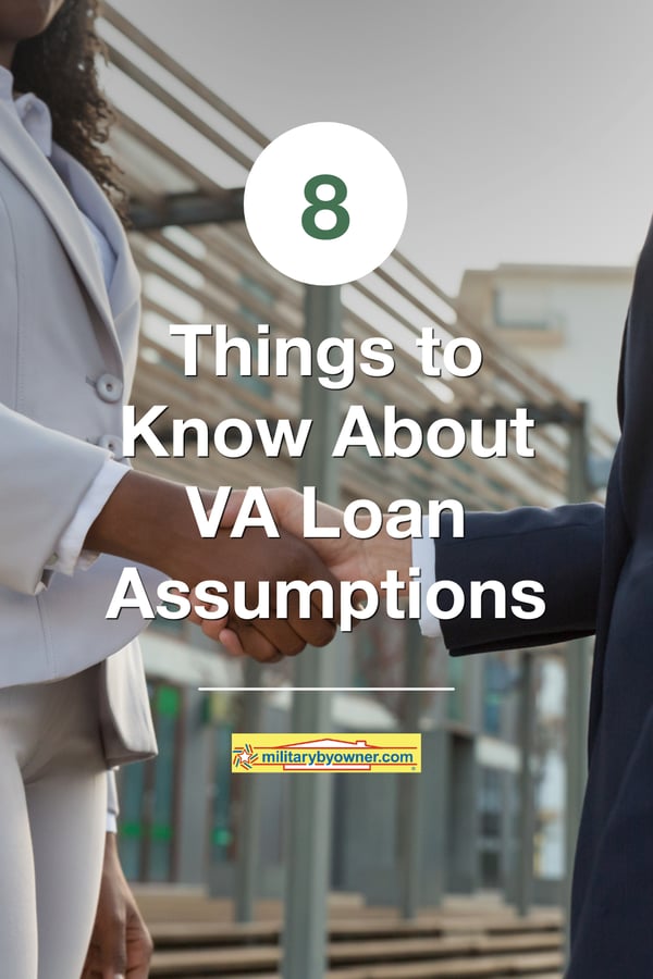 Two business people shaking hands outside building with text, 8 Things to Know About VA Loan Assumptions