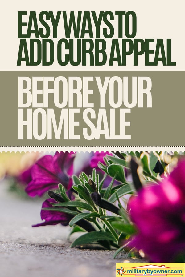 Pink flowers in flower bed with text Easy Ways to Add Curb Appeal Before Your Home Sale