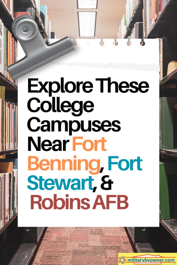 College library with text, Explore These College Campuses Near Fort Benning, Fort Stewart, & Robins AFB