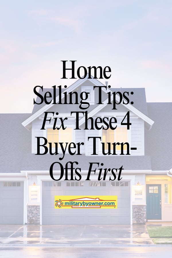 Front of house with neutral siding, gray garage doors, and exterior lights on with text, Home Selling Tips Fix These 4 Buyer Turn-Offs First
