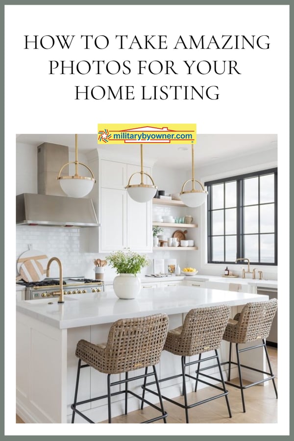 White kitchen with woven bar stools, black and brass accents, and a green plant sitting on the counter with text, How to Take Amazing Photos for Your Home Listing