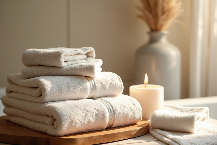 Stack of folded towels on wooden board next to lit candle with white vase behind. 