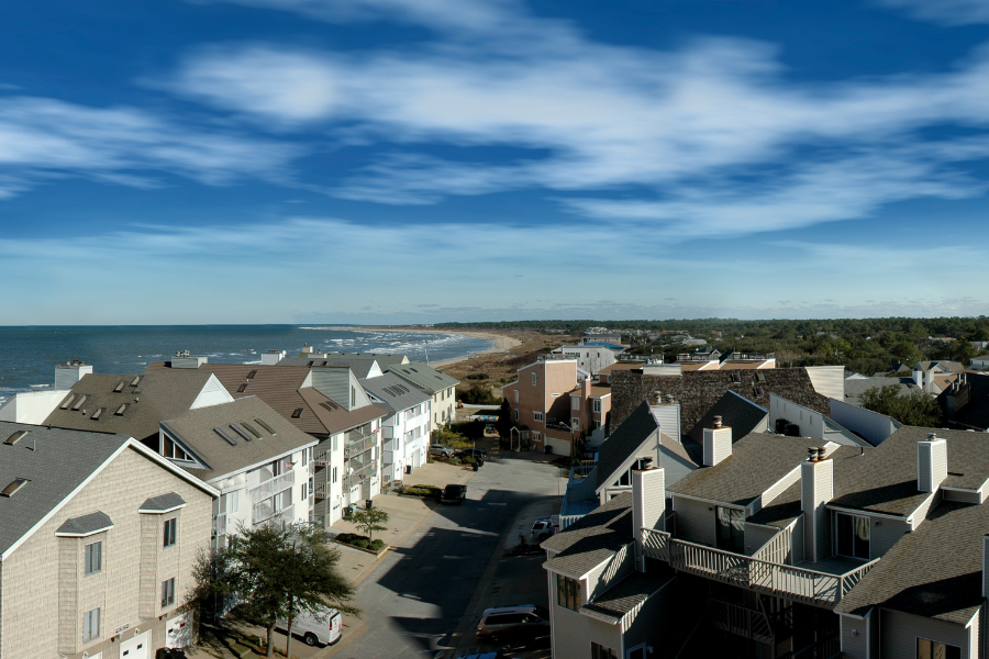 Aerial view of beach-front properties in Virginia Beach, VA