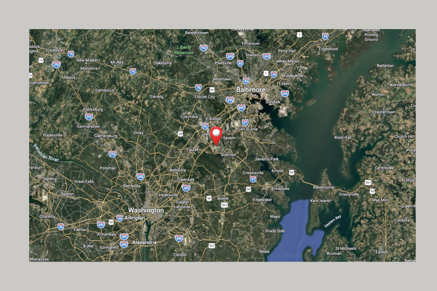 Satellite map of Washington DC and Maryland with pin on Fort Meade NSA