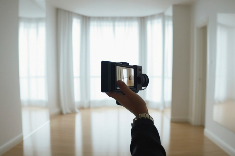 Person wearing long sleeve shirt holds camera in empty room with windows and white curtains. 