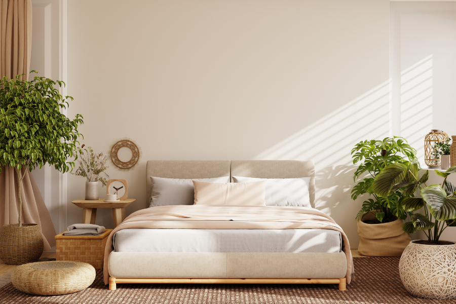 View of neutral bedroom with jute rug and green plants with one beige wall behind. 