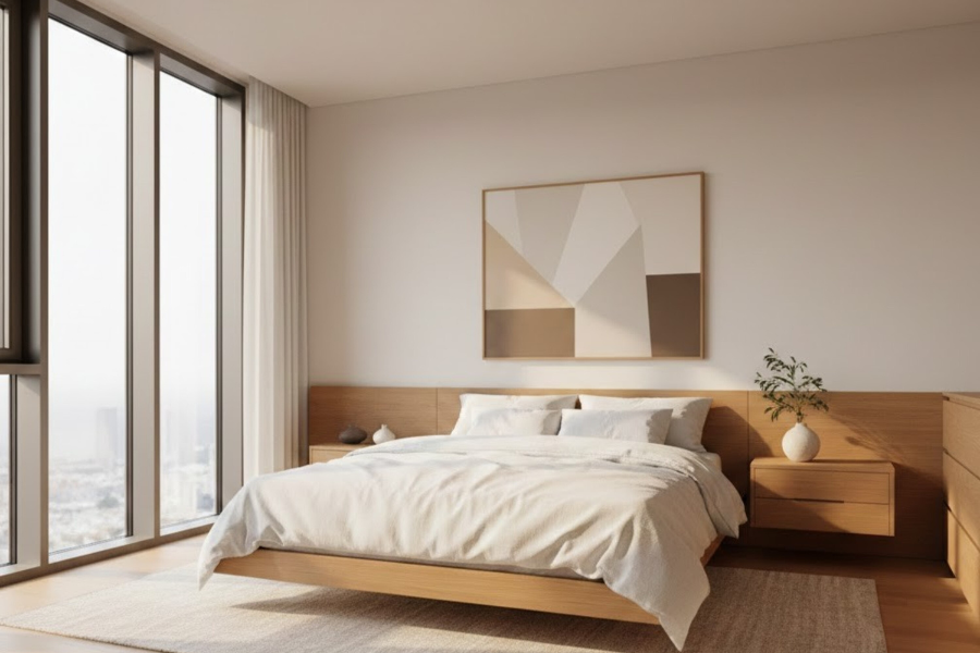 Neutral bedroom with large canvas and floor to ceiling windows with an angled capture.