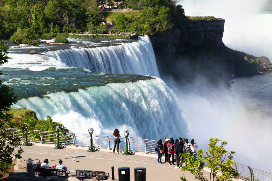 View of Niagara Falls New York with people looking over railing