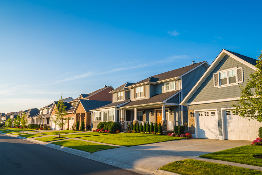 Cookie-cutter neighborhood with neutral siding homes, green grass, and blue sky above. 