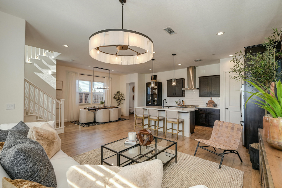 Open floor plan with view of large fixtures, sheer drapes, green plants, neutral furniture and black cabinetry in kitchen. 