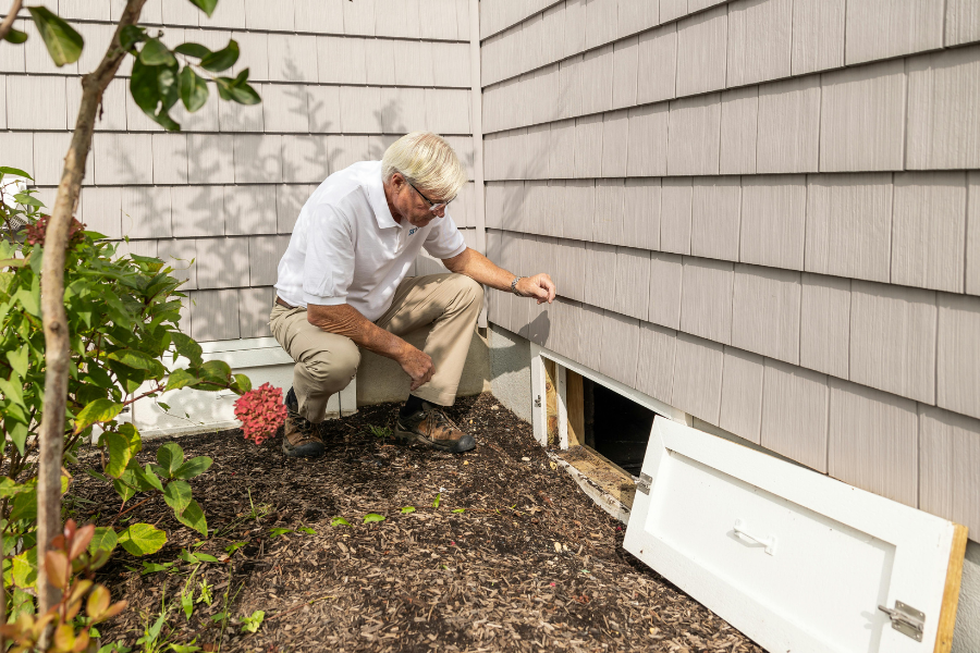 Man in white polo and khaki pants wearing glasses inspects crawl space under house with beige siding.