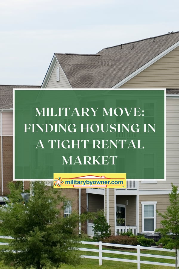 View of beige condos with white trim and fence with text, Military Move Finding Housing in a tight rental market