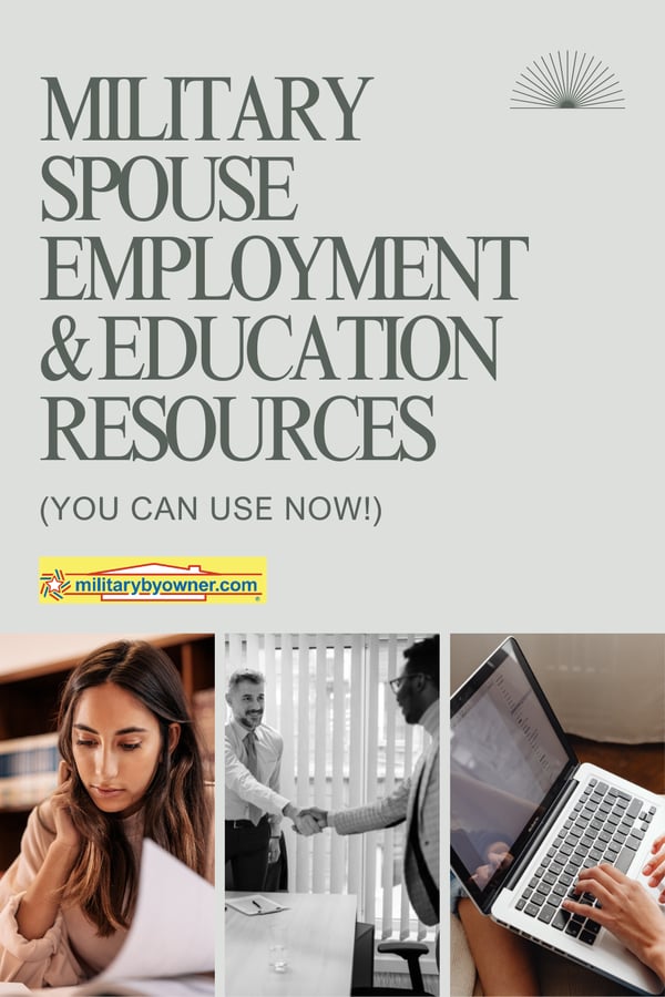Collage of images relating to studying, interviewing, and working online with text, Military Spouse Employment & Education Resources