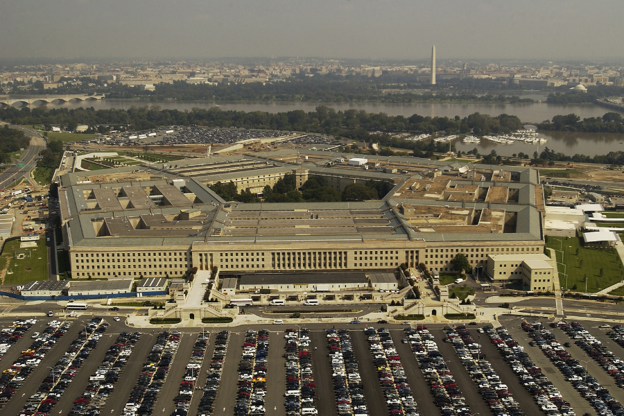Aerial view of the Pentagon with Washington Monument in the distance. 