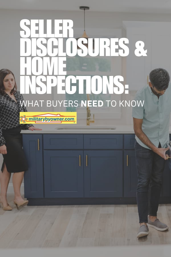 Business woman stands watching man inspect blue drawers in kitchen for sale with text, Seller Disclosures & Home Inspections What Buyers Need to Know